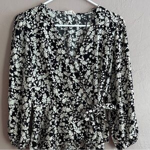 Meraki Black and White Floral Wrap Blouse